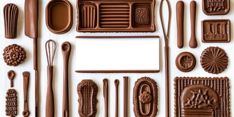 Flat lay of chocolate kitchen tools and decorations.