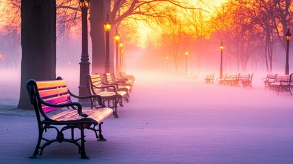 Fototapeta premium Charming winter morning scene with benches in colorful fog.