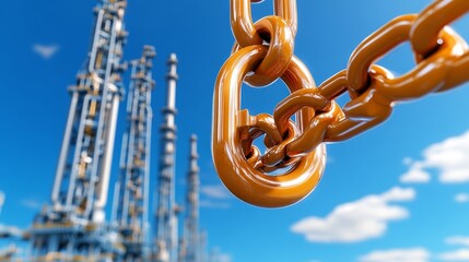 Naklejka premium Strong Metal Chain Link Against Industrial Plant Background