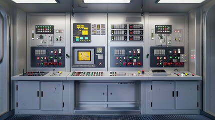 A control room featuring various buttons, screens, and indicators for monitoring and managing systems.