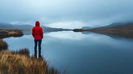Exploring serenity solo hiker by tranquil lake nature landscape foggy atmosphere inspirational view