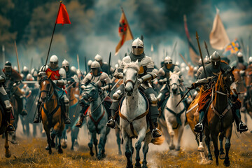 Intense medieval battle with cavalry and foot soldiers in plate armor