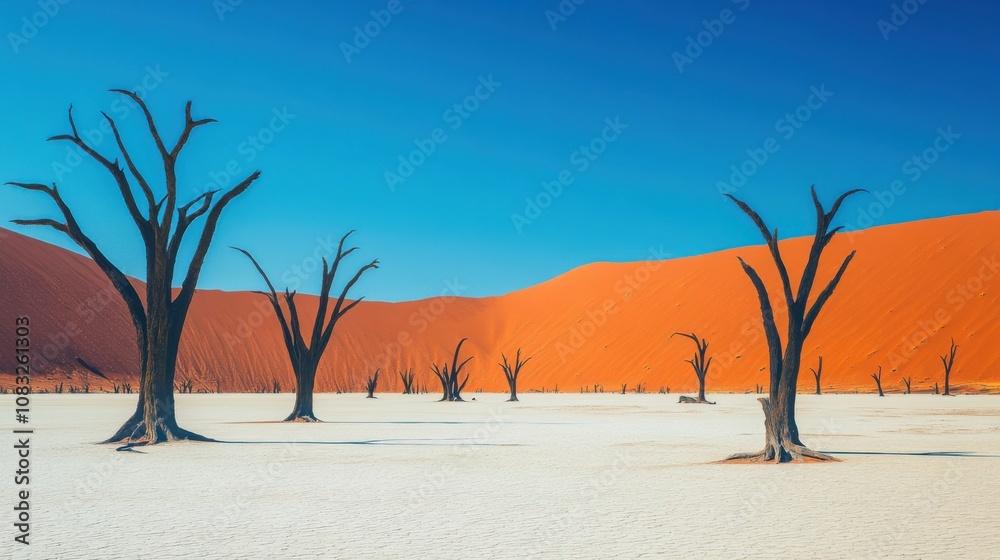 Aufkleber a mesmerizing view of the vibrant red dunes and the eerie dead tree skeletons of deadvlei in namibia