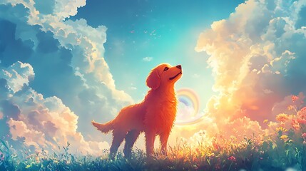 Golden retriever enjoying nature's beauty serene landscape digital art vibrant environment uplifting concept