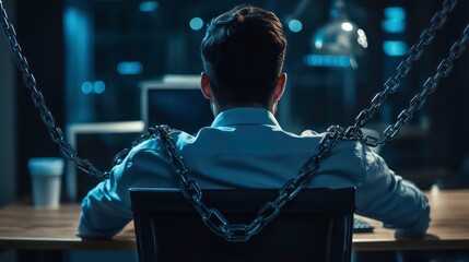 Man businessman office worker chained to workplace computer. Concept slave work , overwork irregular working hours