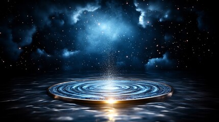 Fototapeta premium Futuristic Glow Circle on Water with Stars and Clouds Night Sky Background