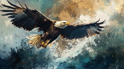 Obraz premium A majestic bald eagle soars through a dramatic sky, its wings spread wide.