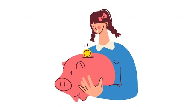 Animated of young girl dropping coin into piggy bank. Suitable for child financial literacy, savings, budgeting, investment, banking concepts. Money Management lesson from an early age.