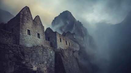 Naklejka premium A mystical image of the fog-shrouded Machu Picchu citadel in Peru, with ancient stone ruins peeking through dense clouds at sunrise, Machu Picchu foggy sunrise scene