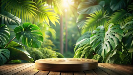 Obraz premium A circular wooden platform sits atop a rustic wooden deck, surrounded by lush tropical foliage, bathed in sunlight.