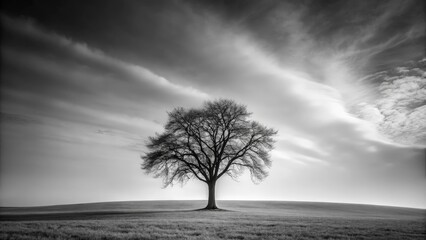 Obraz premium A solitary, bare-branched tree stands in a field, silhouetted against a sky of swirling, ethereal clouds.