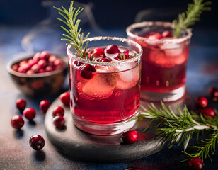 A festive cranberry cocktail with rosemary and ice, garnished with cranberries