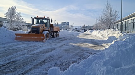 Snow Plow Clears Snow in Urban Winter Landscape