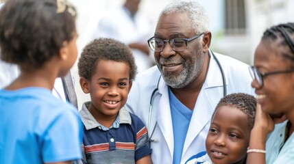 A pediatric surgeon engages with a young patient and supportive family members in a recovery room, showcasing joy and relief
