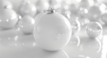 A detailed view captures the glossy white Christmas ornament amidst a softly illuminated background of similar ornaments, evoking holiday cheer