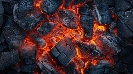Glowing Charcoal Embers in a Dark Background with Fiery Orange Glow and Textured Surface for Warmth and Heat Representation in Nature and Fire Scenes