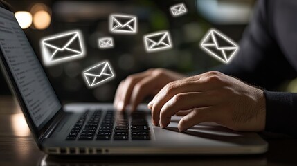 Hands Typing on Laptop with Email Icons Floating Above