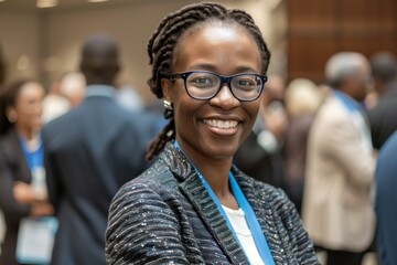 Obraz premium A Black woman stands confidently, smiling amidst business colleagues, showcasing professionalism and engagement during a conference