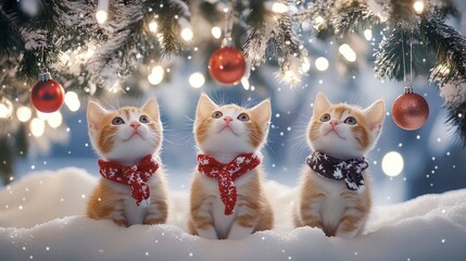 Three Adorable Kittens Under a Christmas Tree in the Snow