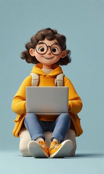 Cheerful character using a laptop while sitting.