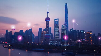 Obraz premium Scenic Shanghai Skyline at Dusk with Digital Overlays