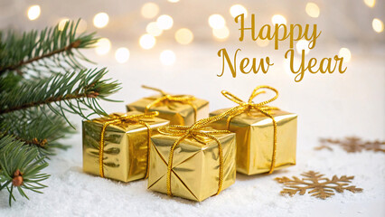 Small golden gift boxes with glittering bows rest on snow-like material, framed by pine branches and festive "Happy New Year" text