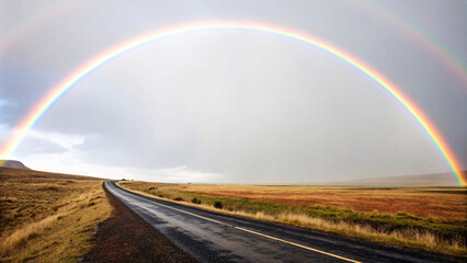 A scenic road stretches toward the horizon beneath a radiant rainbow, framed by a rustic countryside with earthy tones and expansive skies