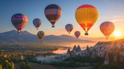 Obraz premium Hot air balloons soaring high above a mountain range at sunrise, with the sky filled with rich oranges, pinks, and purples, creating a stunning contrast against the rugged landscape below