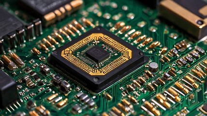 Close-up of a microprocessor on a circuit board with glowing pins.