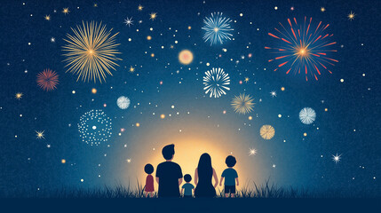 Obraz premium Family Fireworks Night: A heartwarming silhouette of a family of five watches a vibrant fireworks display against a night sky, creating a magical and memorable scene.