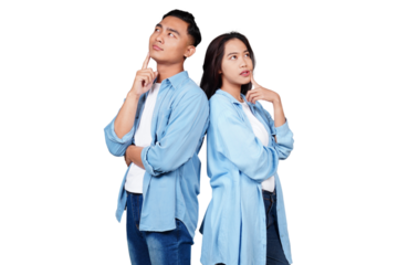 Asian man and woman thinking isolated transparent