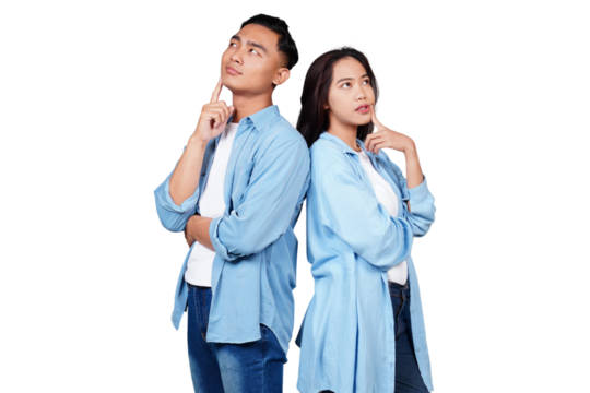 Asian man and woman thinking isolated transparent