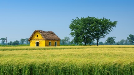 Obraz premium A quaint yellow house with a thatched roof stands amidst vibrant green rice fields in a rural Indian landscape under sunny skies