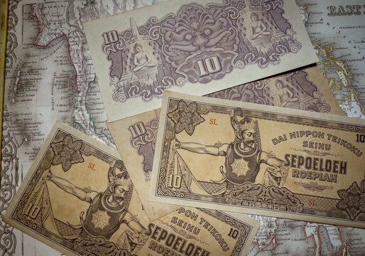 Old Indonesian ten rupiah banknote from 1943 with a picture of Gatotkaca.