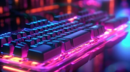 Fototapeta premium A close-up shot of a black mechanical gaming keyboard with RGB lighting and glowing lights in the background.
