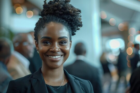 A confident Black businesswoman smiles warmly while surrounded by other professionals at a vibrant conference atmosphere