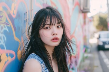Naklejka premium Exuding cool confidence, a young woman with black hair in denim overalls stands boldly against a graffiti covered wall, matching the urban, artistic setting.