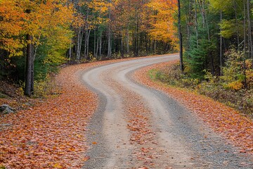 Obraz premium Curved dirt road surrounded by colorful autumn foliage in a peaceful forest in October. Generative AI