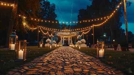Obraz premium A beautifully lit pathway adorned with lanterns and flowers, leading to a grand venue, ideal for events.
