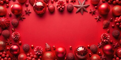Obraz premium A festive red background with a frame of shiny red ornaments, star-shaped decorations, and tiny red berries.