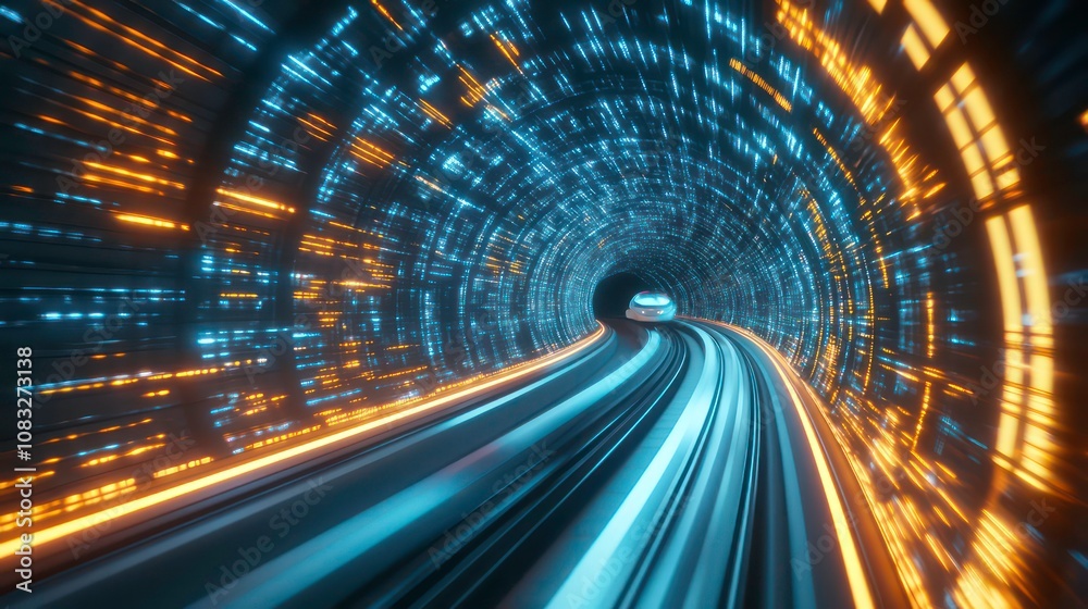 Canvas Prints high speed futuristic train soaring through illuminated digital tunnel representing the rapid progre