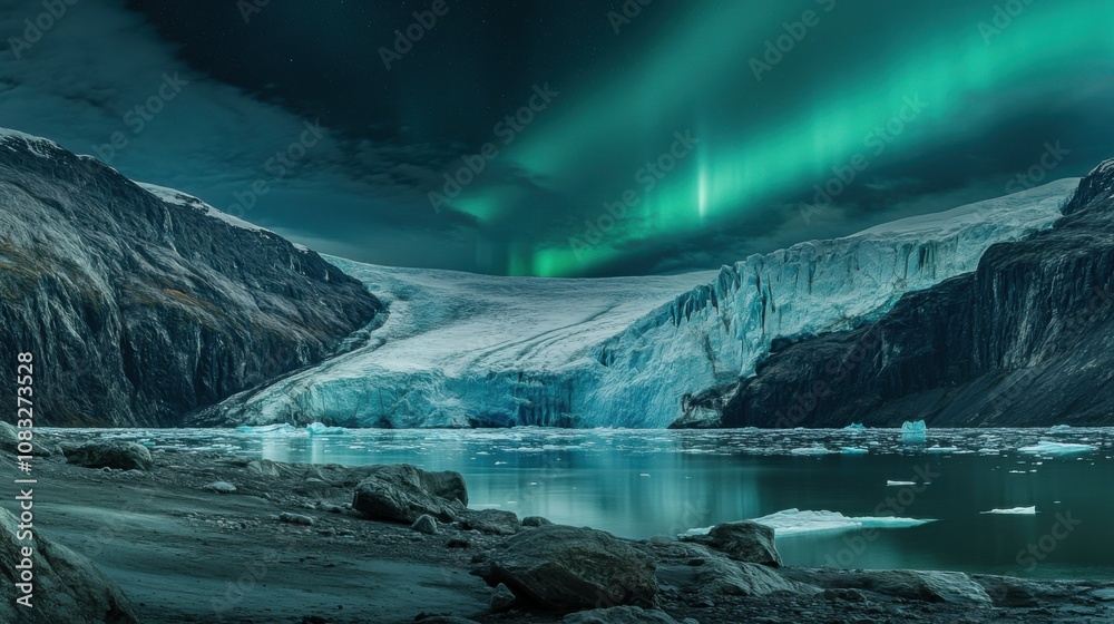 Poster a panoramic view of a massive glacier calving into a fjord under the glow of the aurora borealis, gl