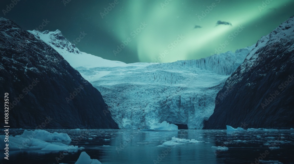 Poster a panoramic view of a massive glacier calving into a fjord under the glow of the aurora borealis, gl