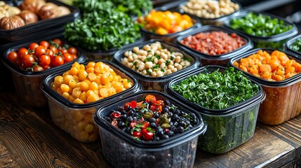 Obraz premium Freshly prepared vegetables and colorful salads displayed in plastic containers, showcasing a variety of healthy, organic ingredients.