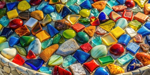 Obraz premium A Vibrant Mosaic of Smooth Stones and Glass, Displaying a Spectrum of Colors and Shapes, Creating a Visually Stunning and Texturally Intriguing Composition