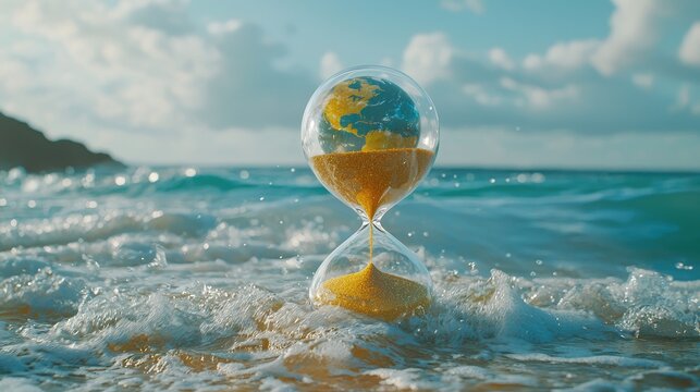 The album cover art depicts an hourglass with the Earth inside it, with golden sand falling from the top to the bottom, in a beautiful sea taken using