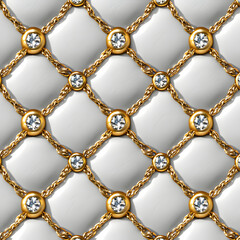 a white leather textured wall with gold chains and diamonds. Generative AI