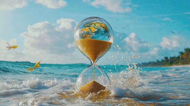 The album cover art depicts an hourglass with the Earth inside it, with golden sand falling from the top to the bottom, in a beautiful sea taken using