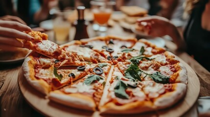 group of friends eating pizza together in restaurant, city life free time or travel and vacation, meeting friends and going out for dinner.