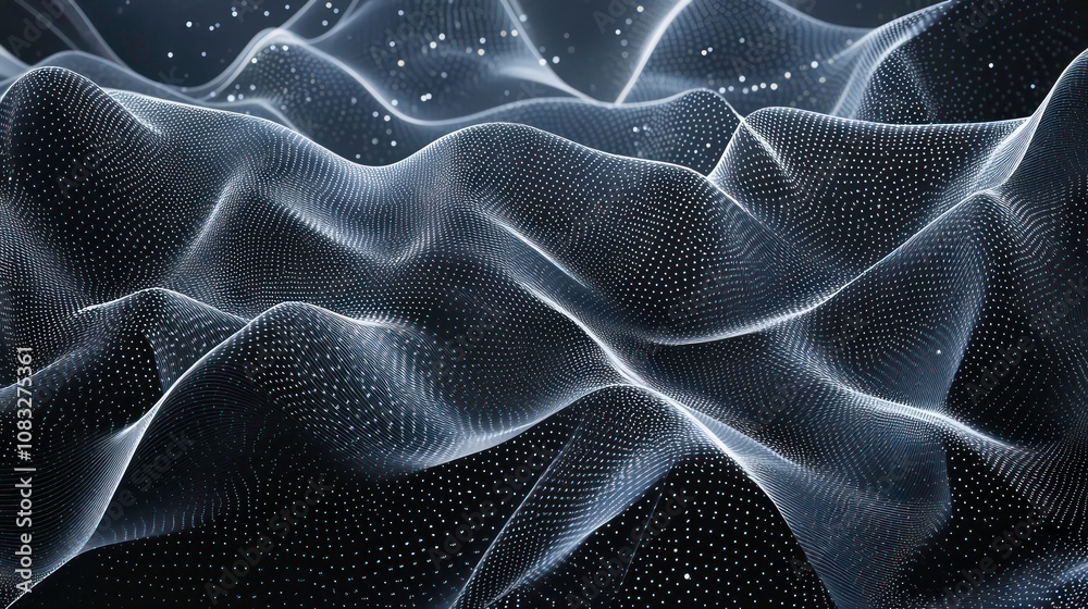 Sticker abstract 3d rendering of a white mesh surface with light blue dots on a black background.